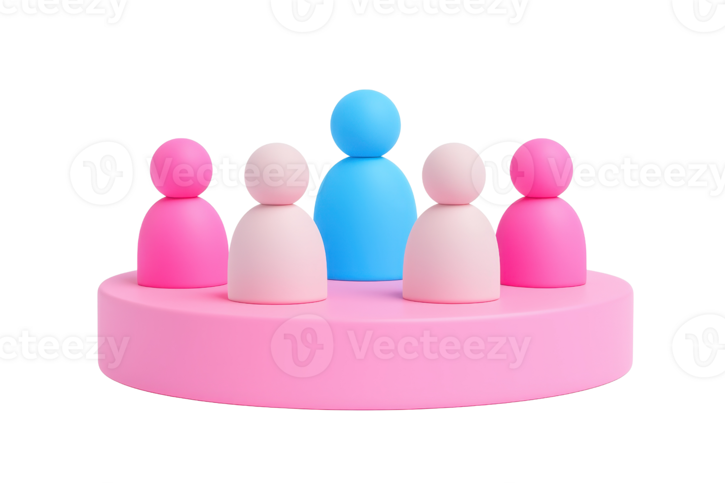 A group of five stylized figurines in varying colors, with one blue figure standing prominently among four pink and white figures on a circular base. png