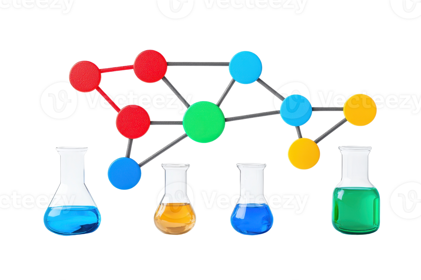 Colorful laboratory flasks filled with liquids in various shades, connected by a network of colored nodes representing molecular structures. png