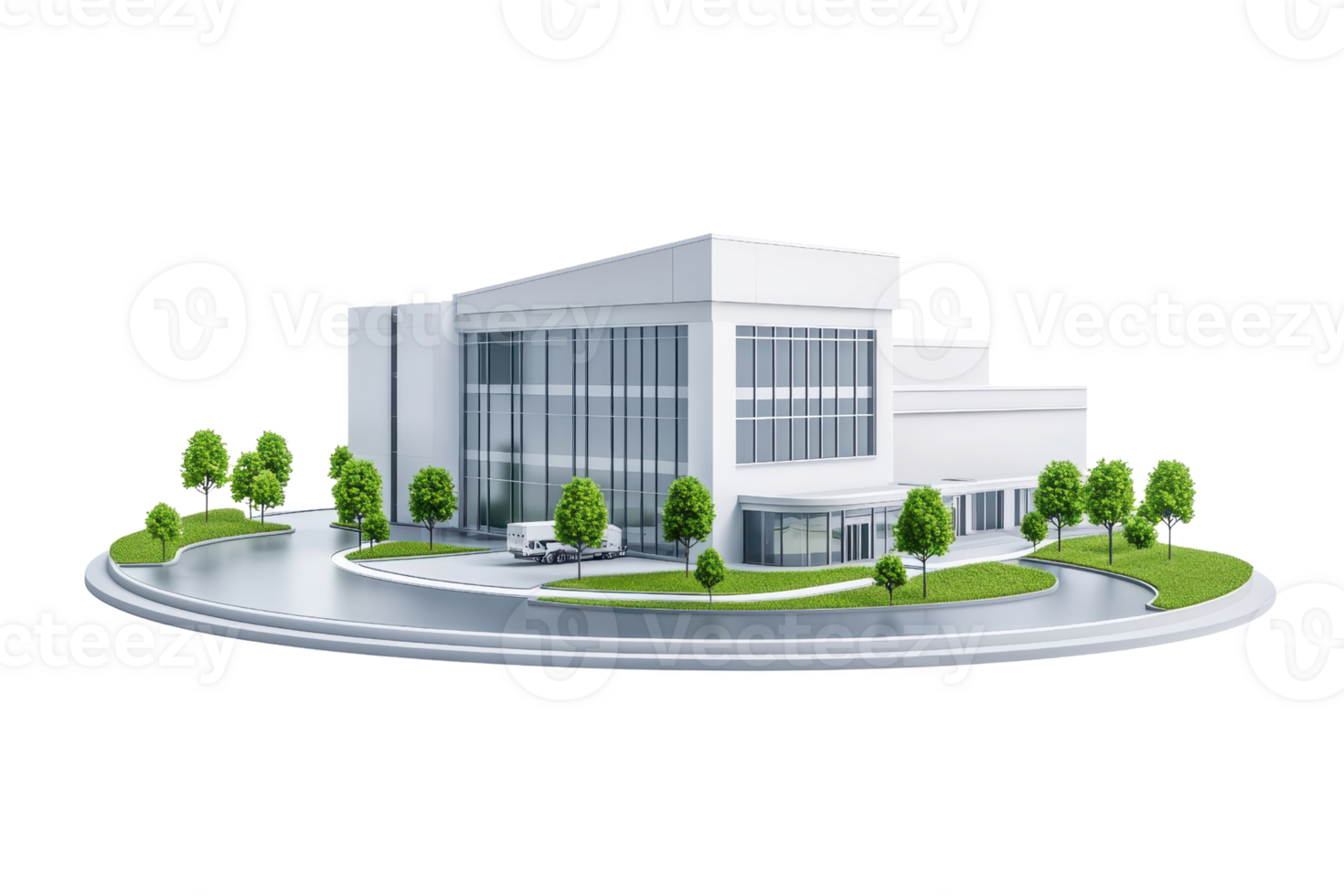 A modern architectural building surrounded by greenery, featuring large glass windows and a contemporary design. png