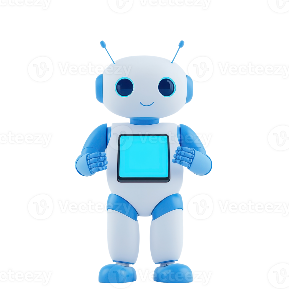 A cute, friendly robot toy with blue accents and a glowing square screen, designed for interactive play. png