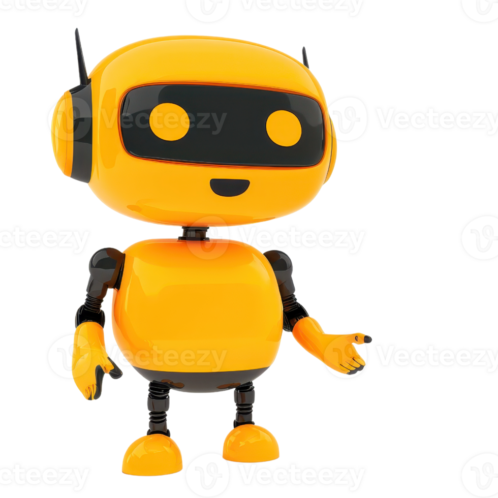 A cheerful yellow robot character with a rounded body, large eyes, and a friendly smile, posed as if inviting conversation. png