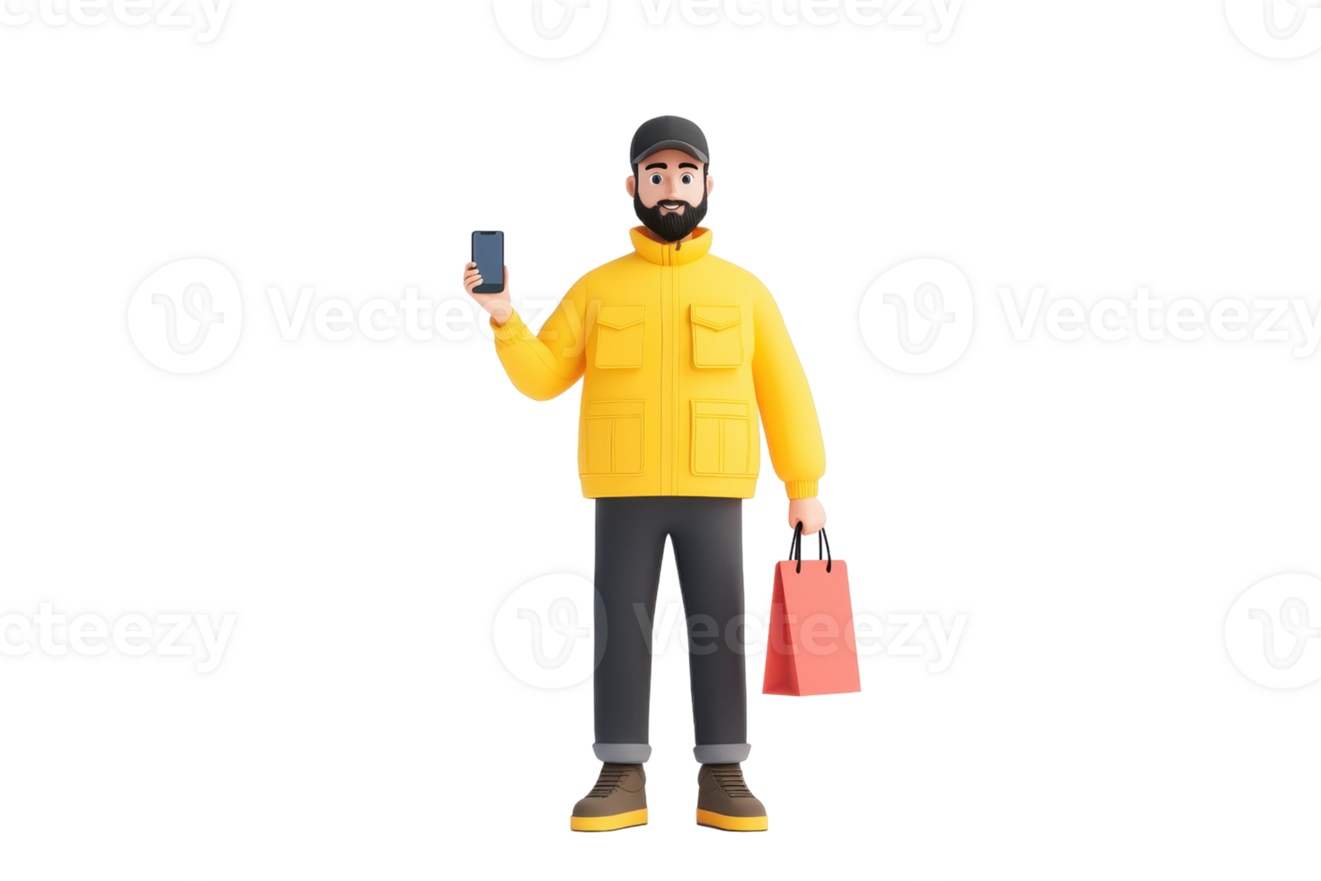 A stylized figure wearing a yellow jacket holds a smartphone in one hand and a shopping bag in the other. png