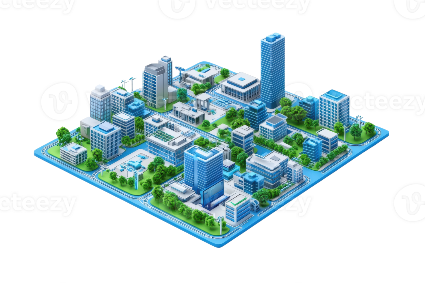 A modern cityscape featuring various buildings, parks, and urban infrastructure in a vibrant, digital style. png