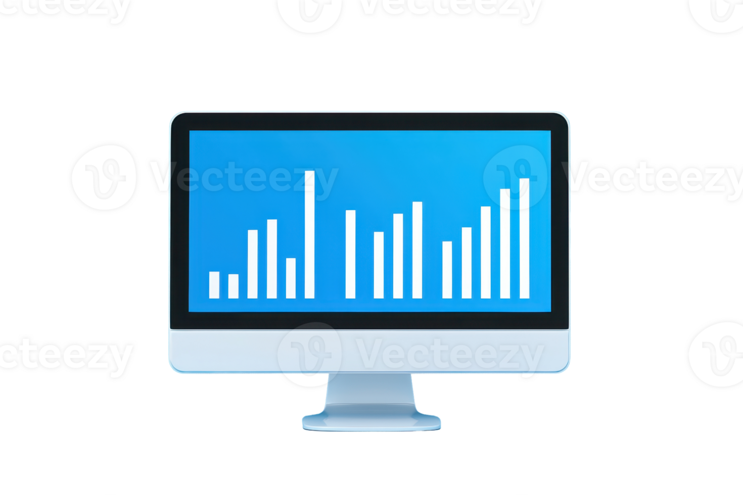A sleek monitor displaying a blue screen with rising bar graphs, symbolizing data analysis and growth trends. png