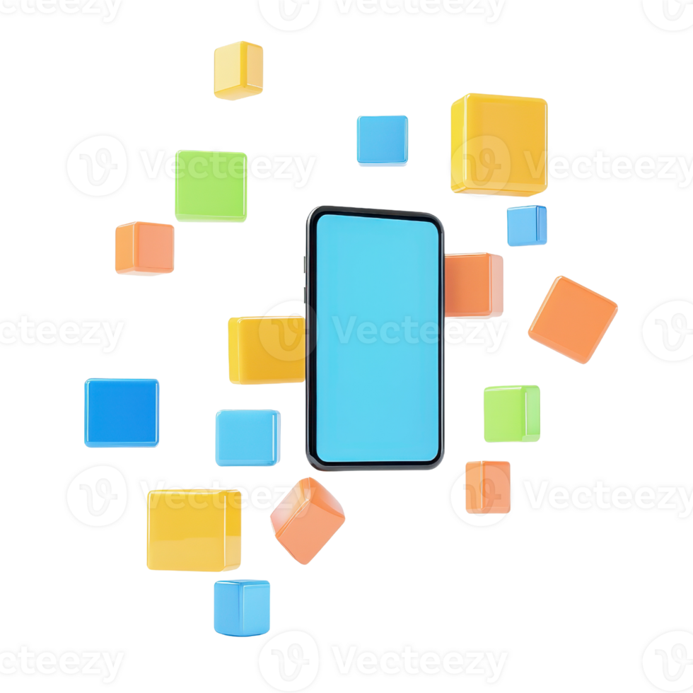 A smartphone surrounded by colorful geometric blocks in various shapes and sizes. png