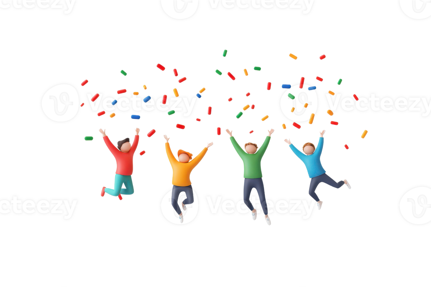 Four children joyfully jumping in the air, celebrating with colorful confetti falling around them. png