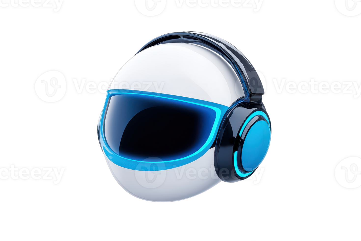 A futuristic helmet design featuring a sleek white exterior with blue accents and integrated headphones. png