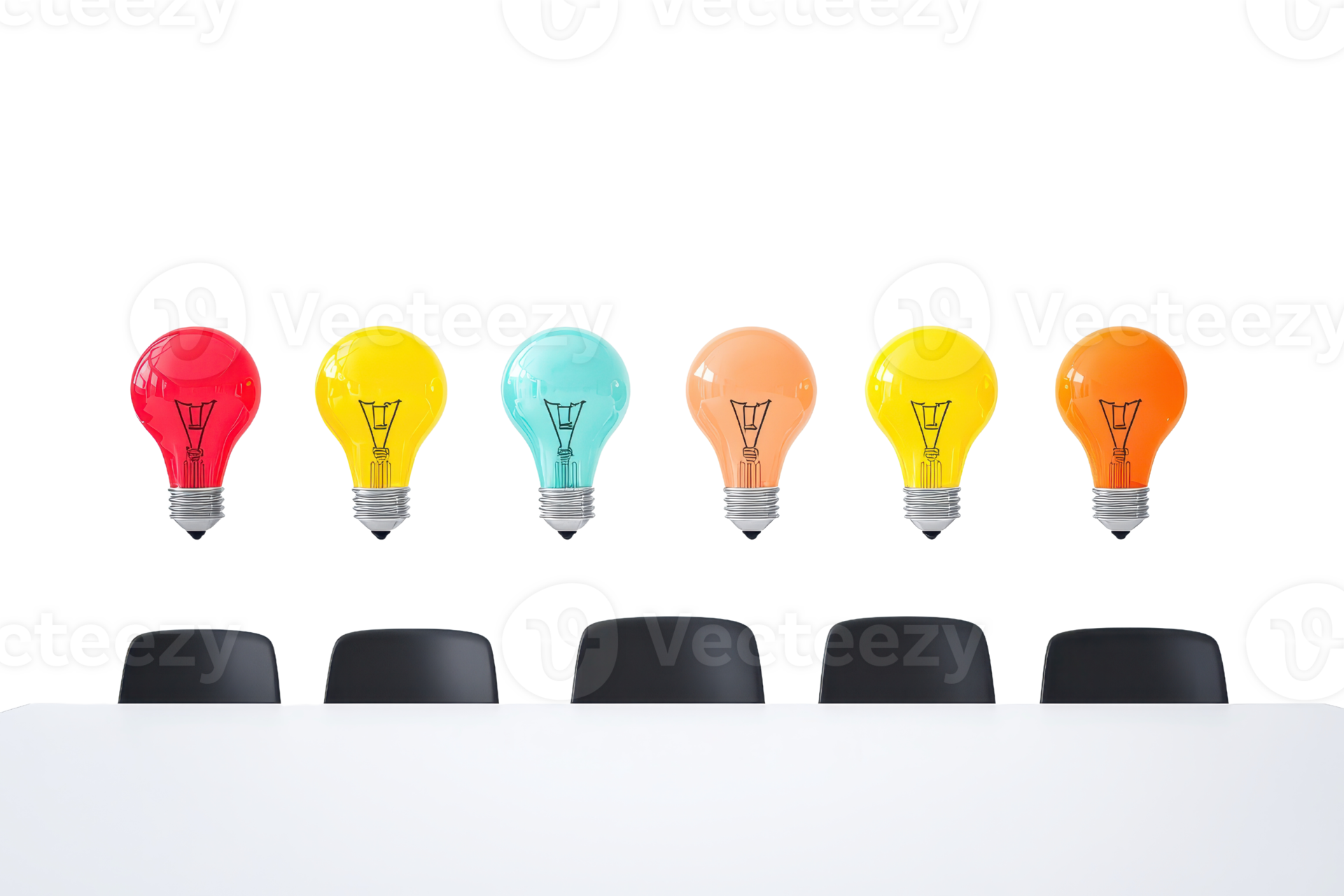 A row of colorful light bulbs floats above a minimalist table and
