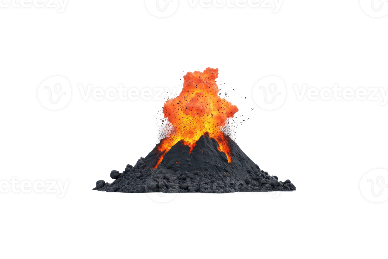 A volcanic eruption with bright orange lava and ash spewing from the crater, surrounded by dark volcanic rock. png