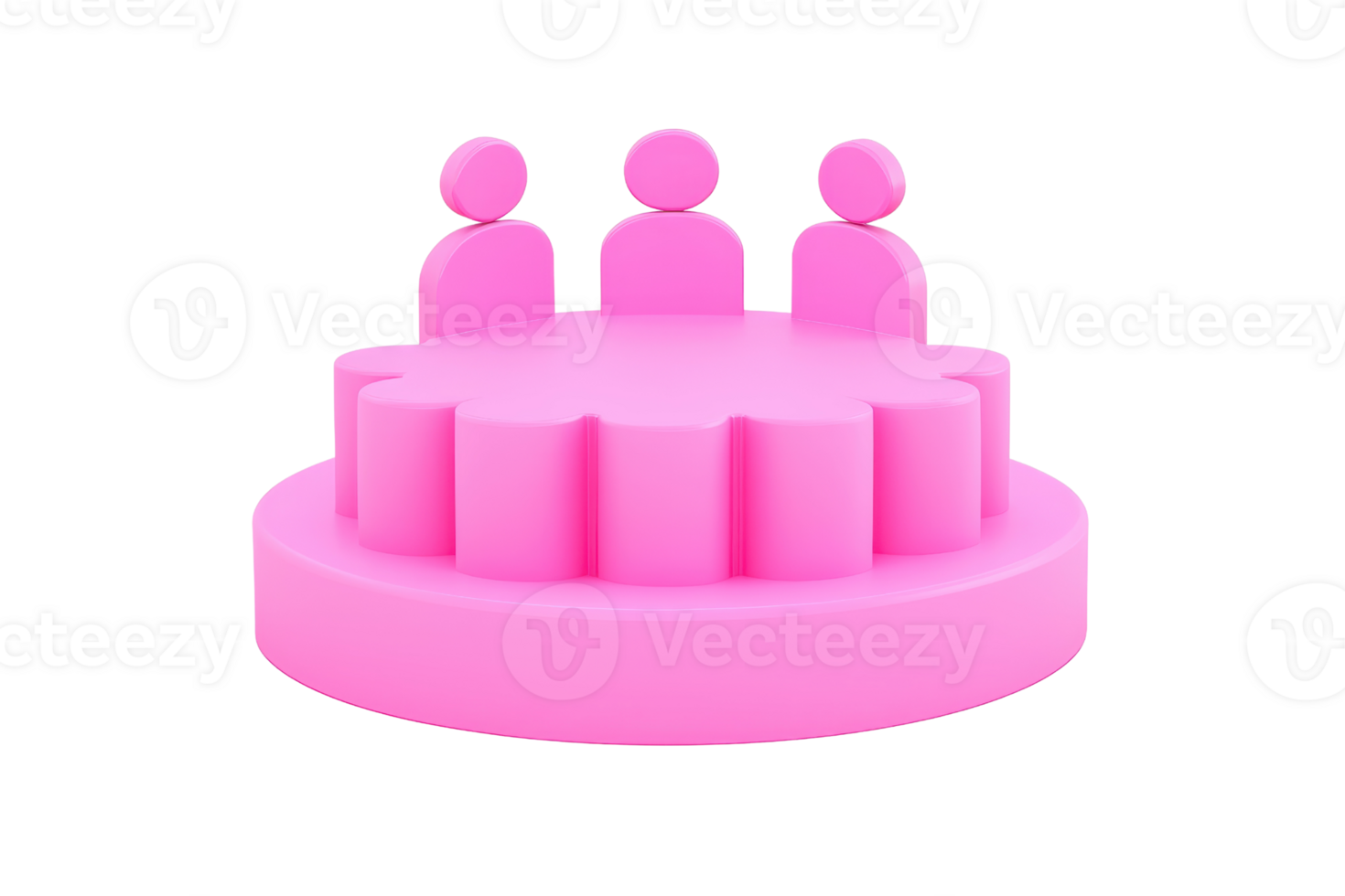 A pink figurine display featuring three stylized human figures arranged in a circular formation on a base. png