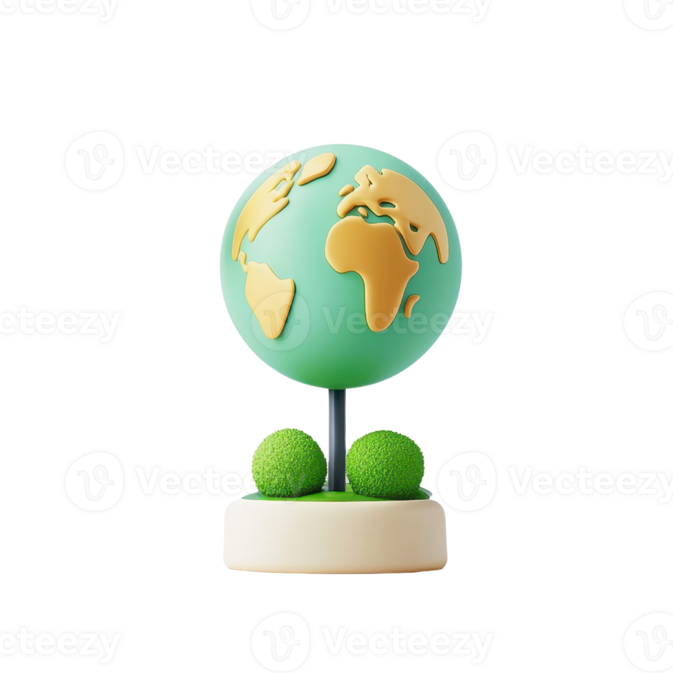 A stylized globe featuring continents in gold, resting on a white base with vibrant green spheres. png