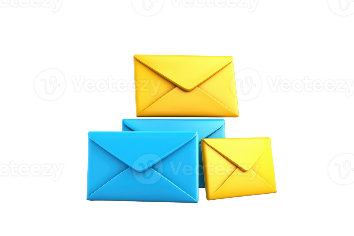 Colorful envelopes in yellow and blue stacked together, showcasing varying sizes and a playful design. png