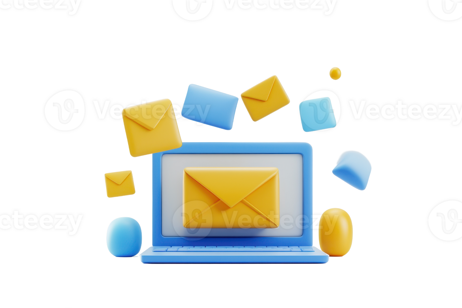 A colorful laptop displays an envelope, surrounded by various mail icons, symbolizing digital communication. png