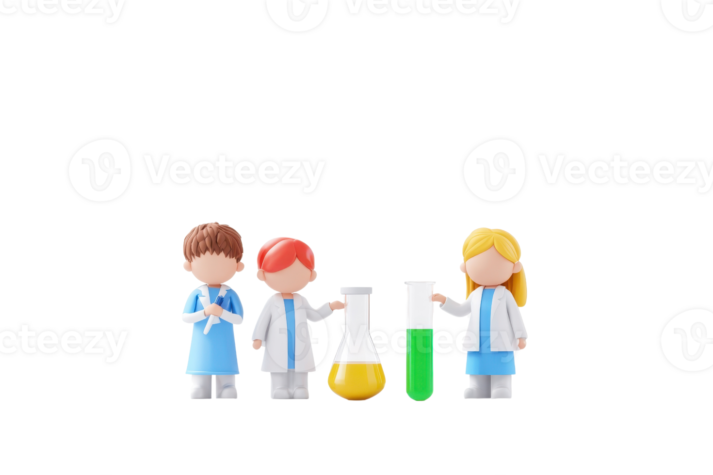 A group of three cartoonish scientists, each wearing lab coats, interacting with colorful beakers and flasks filled with various liquids. png