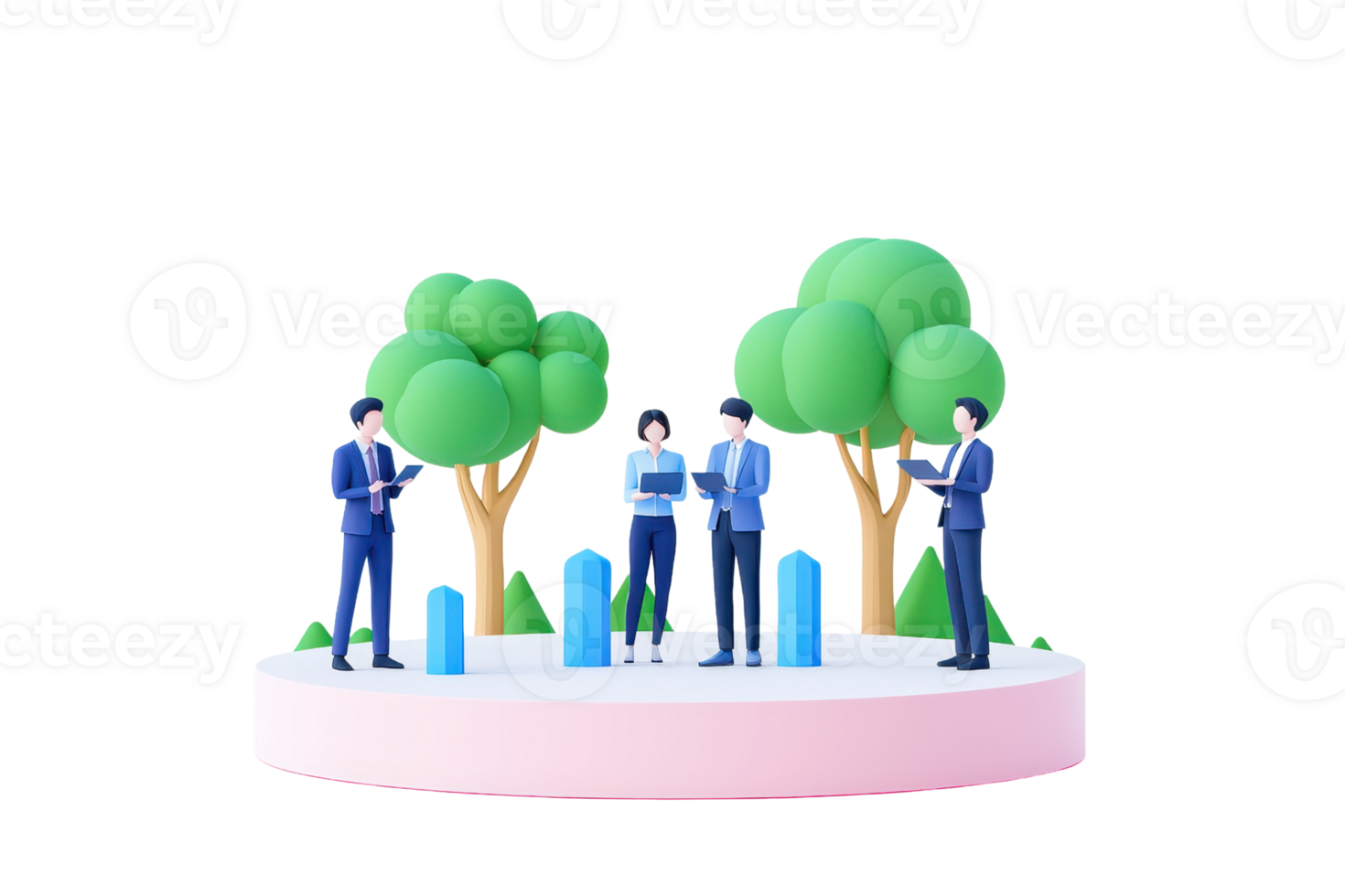 A group of four businesspeople in suits engage with digital devices amidst stylized greenery and colorful growth metrics. png