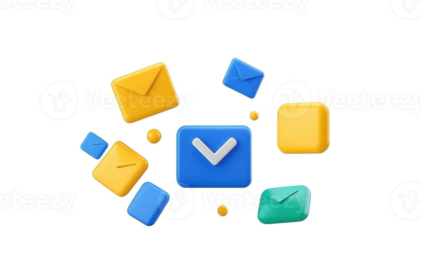 A collection of colorful email icons, including different shapes and sizes, arranged playfully around a central blue envelope with a checkmark. png