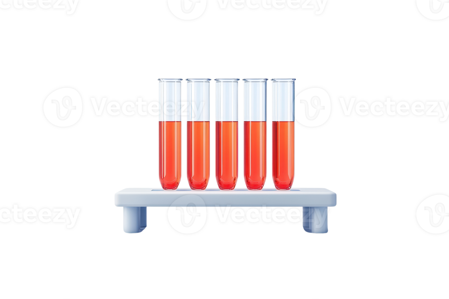Five test tubes filled with bright red liquid arranged on a white rack. png