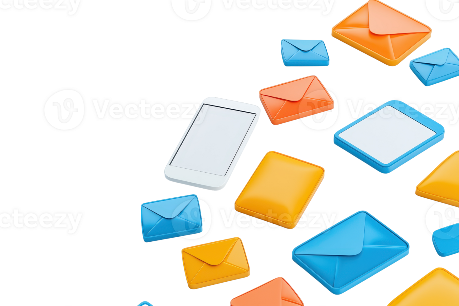 Colorful envelopes and a smartphone float against a transparent background, representing digital communication and messaging. png