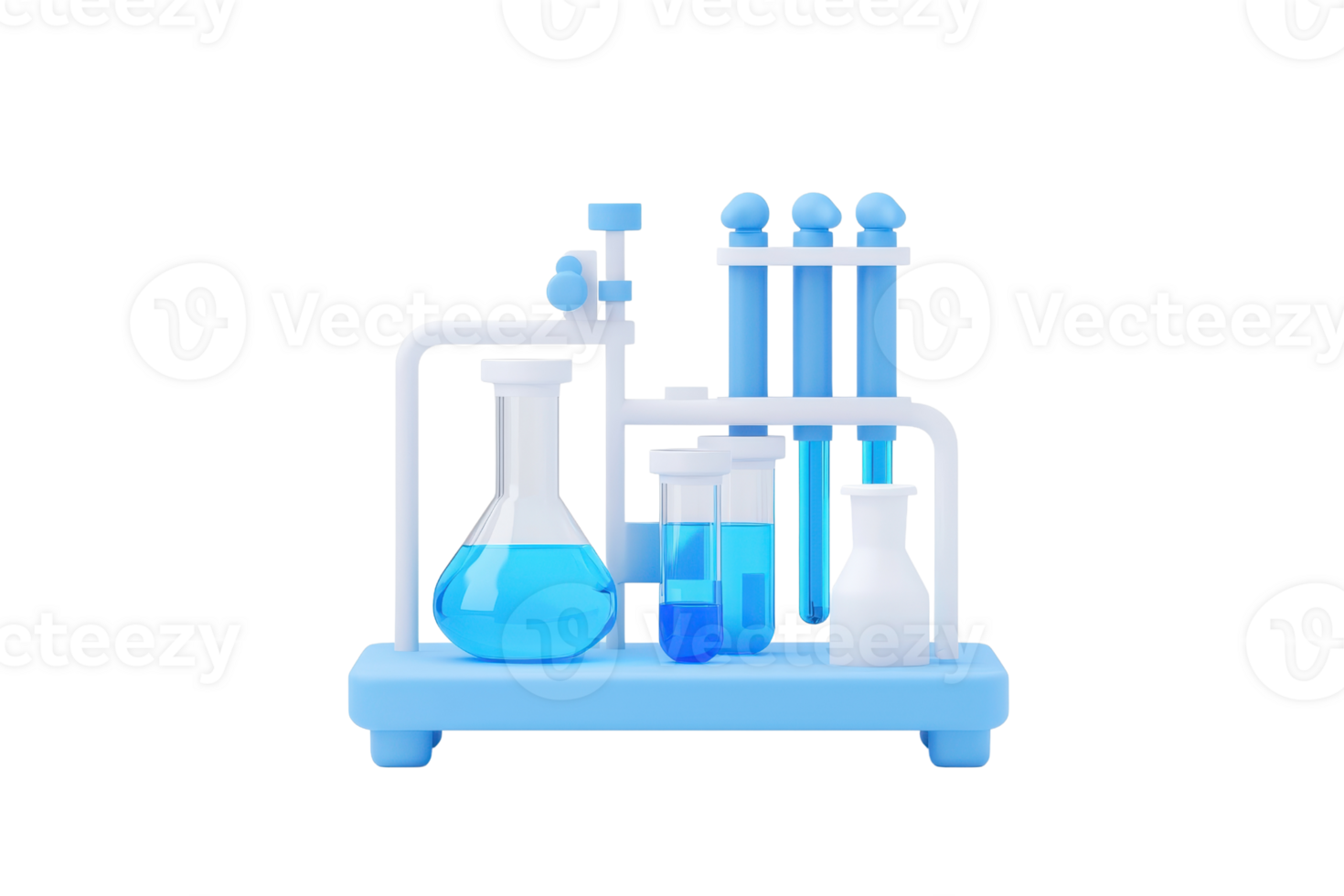 A collection of laboratory glassware filled with blue liquids, including flasks and test tubes, arranged on a stand. png
