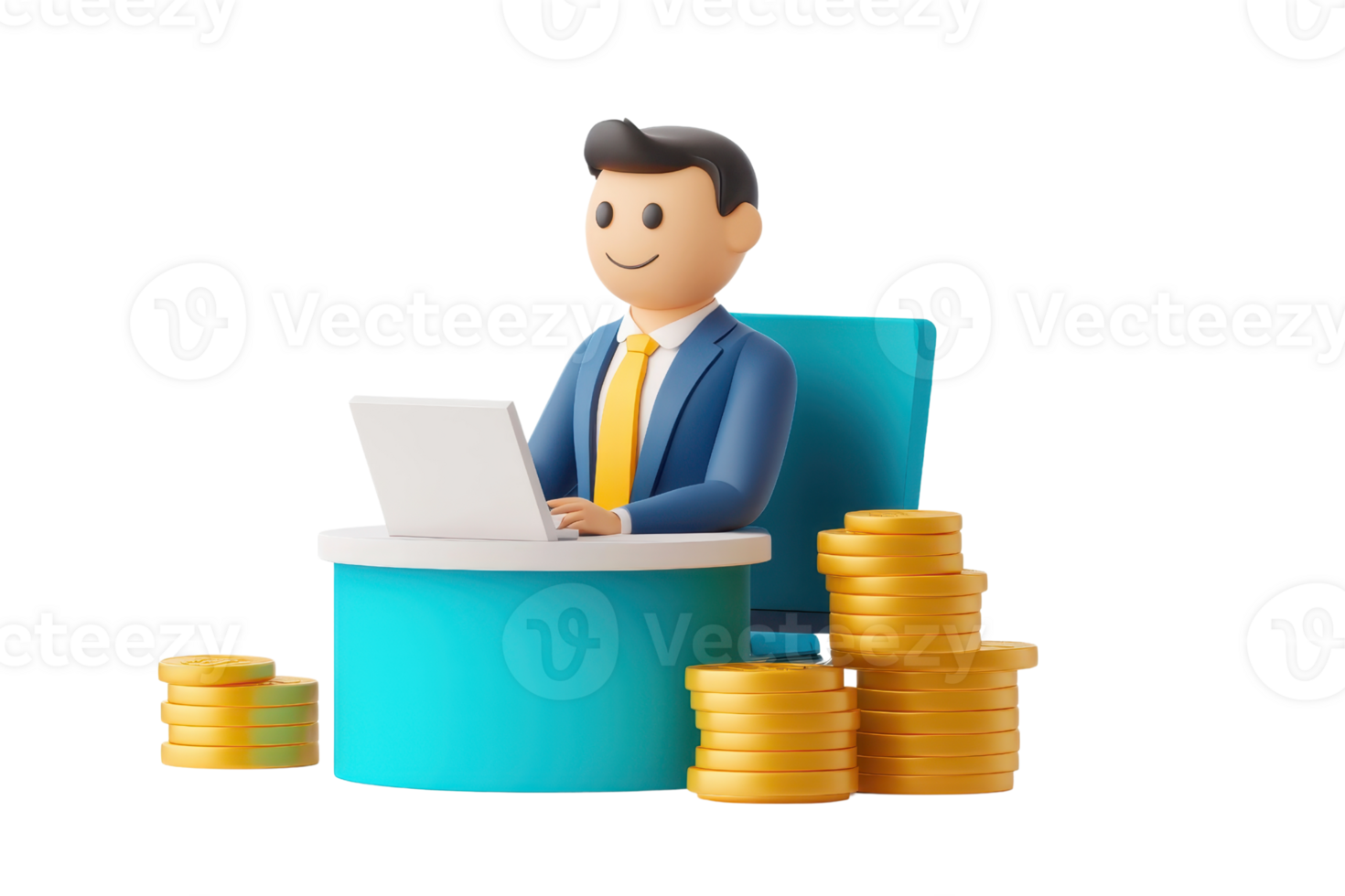 A businessman sits at a desk with a laptop, surrounded by stacks of coins, suggesting financial success and productivity. png