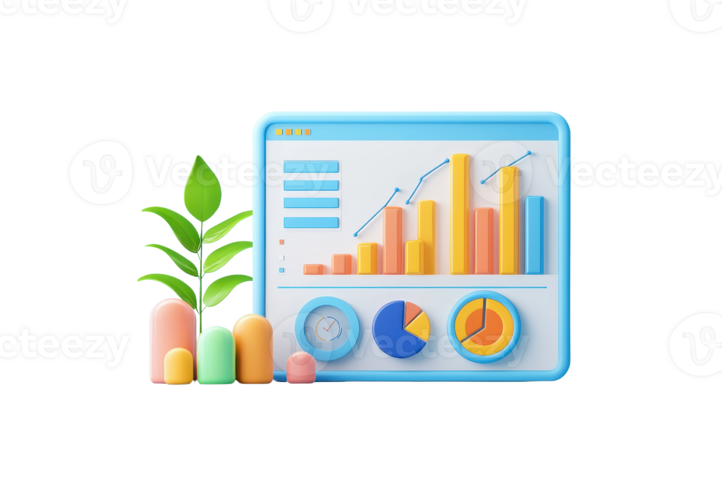 A colorful dashboard featuring graphs and charts alongside a green plant, symbolizing growth and data analysis. png