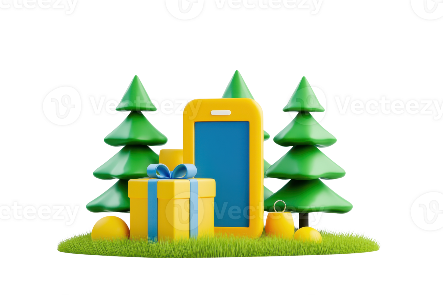 A vibrant smartphone alongside a gift box, surrounded by stylized trees, creating a playful and festive atmosphere. png
