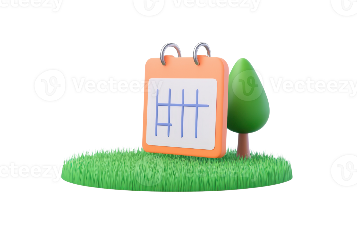 A colorful calendar with a grid design, accompanied by a stylized green tree, set on a grassy surface. png