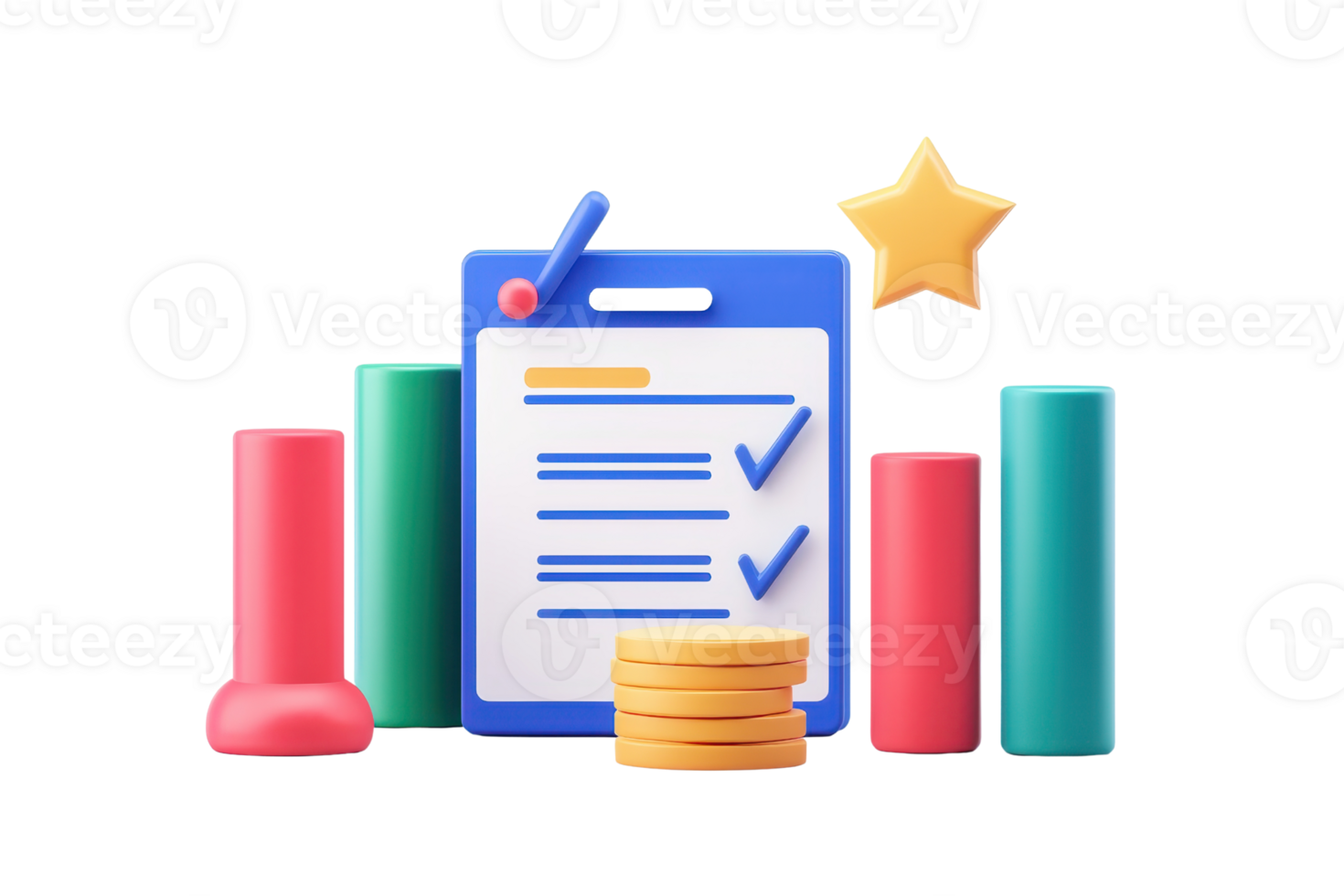 A colorful checklist with checkmarks, accompanied by coins and bar graphs, symbolizing progress and achievement. png