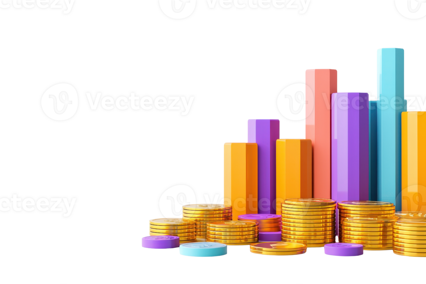 A vibrant arrangement of colorful coins and bar graphs representing financial growth and investment. png