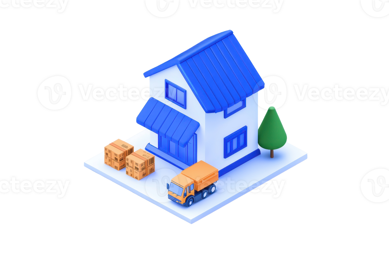 A colorful, stylized house with a blue roof, accompanied by two boxes and a small truck, set on a simple base. png