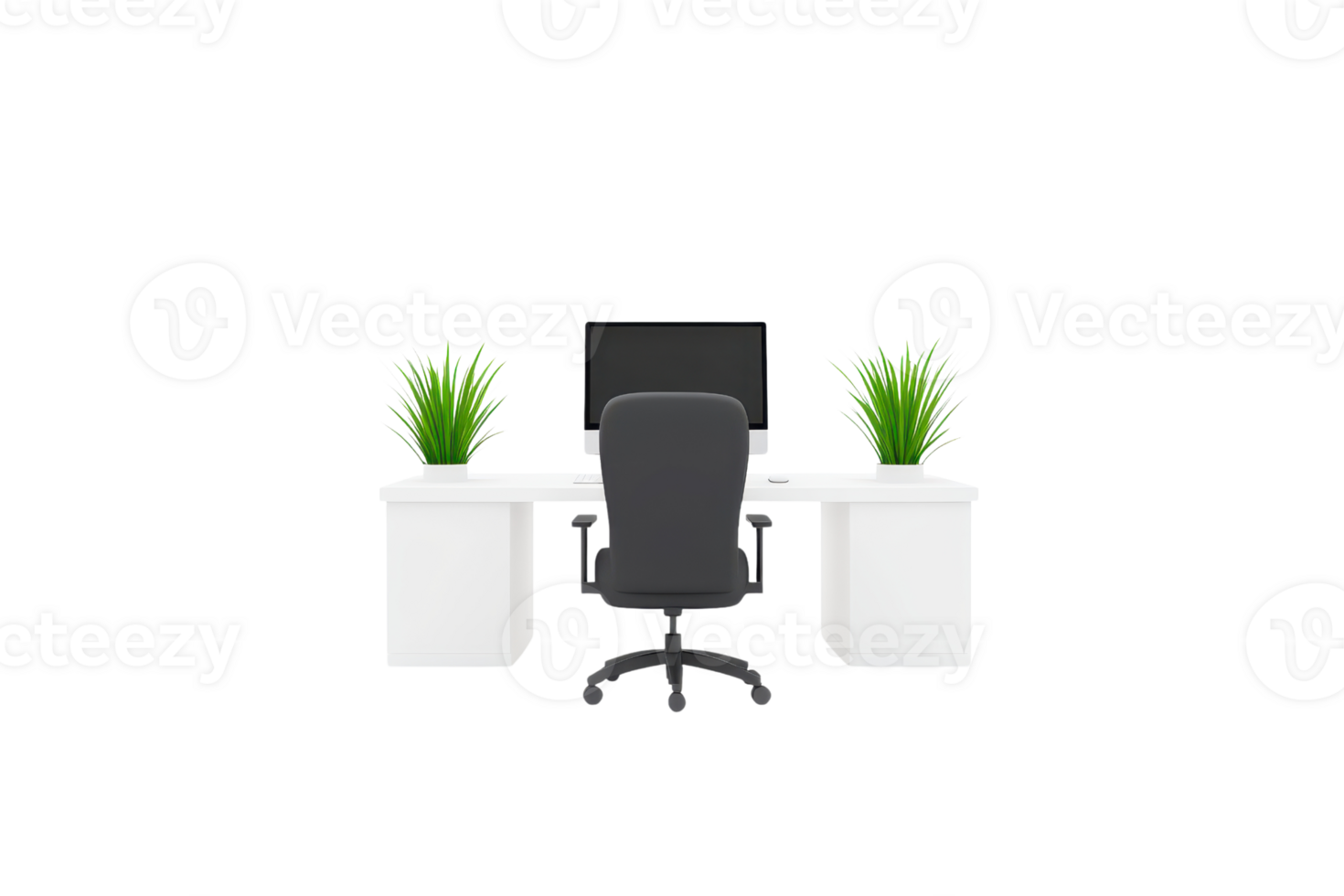 A modern office setup featuring a desk, chair, computer monitor, and decorative plants. png