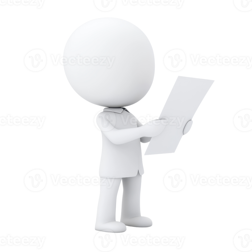 A 3D character dressed in a lab coat holding a document, representing a professional figure in a clinical or academic setting. png