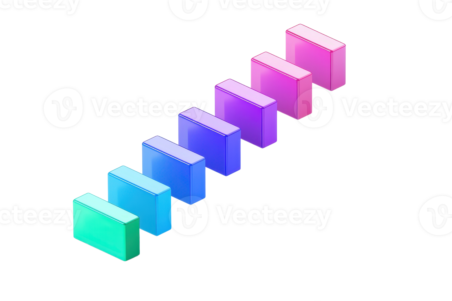 A series of colorful, three-dimensional blocks arranged in a gradient pattern, showcasing vibrant hues from green to pink. png