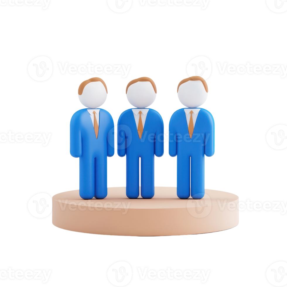 Three stylized human figures in blue suits stand on a round base, representing teamwork and collaboration. png