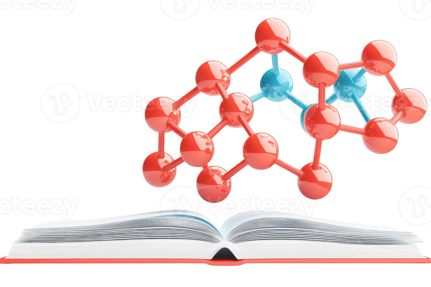 An open book with a molecular structure above it, illustrating the connection between literature and scientific concepts. png
