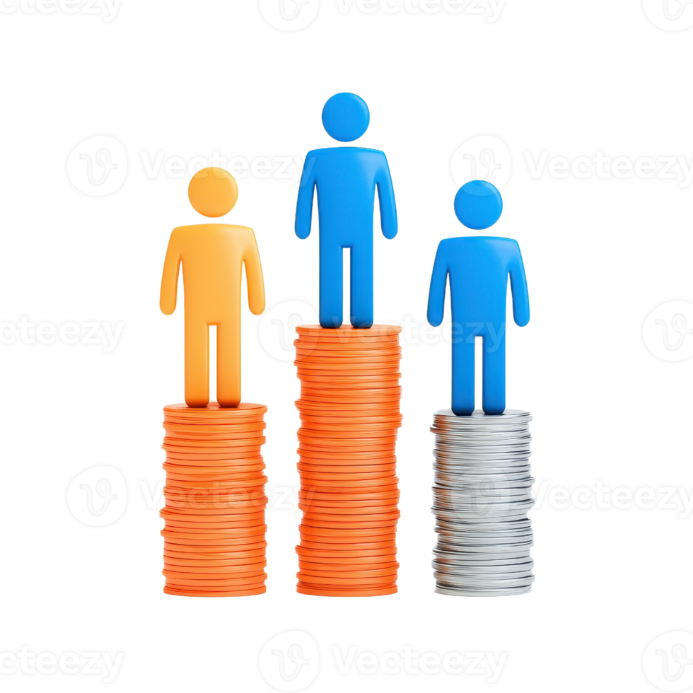 Three figurines stand atop stacks of coins, representing different heights and values, symbolizing competition or comparison. png