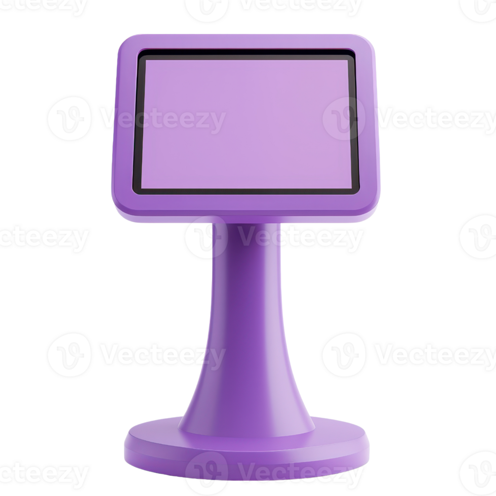 A sleek, purple digital kiosk featuring a square screen, designed for interactive use in various environments. png