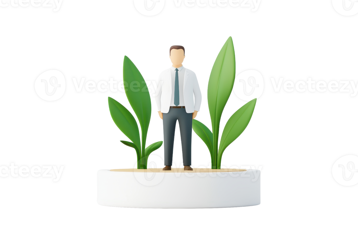 A businessman stands confidently on a circular platform, flanked by two vibrant green plants, symbolizing growth and success. png