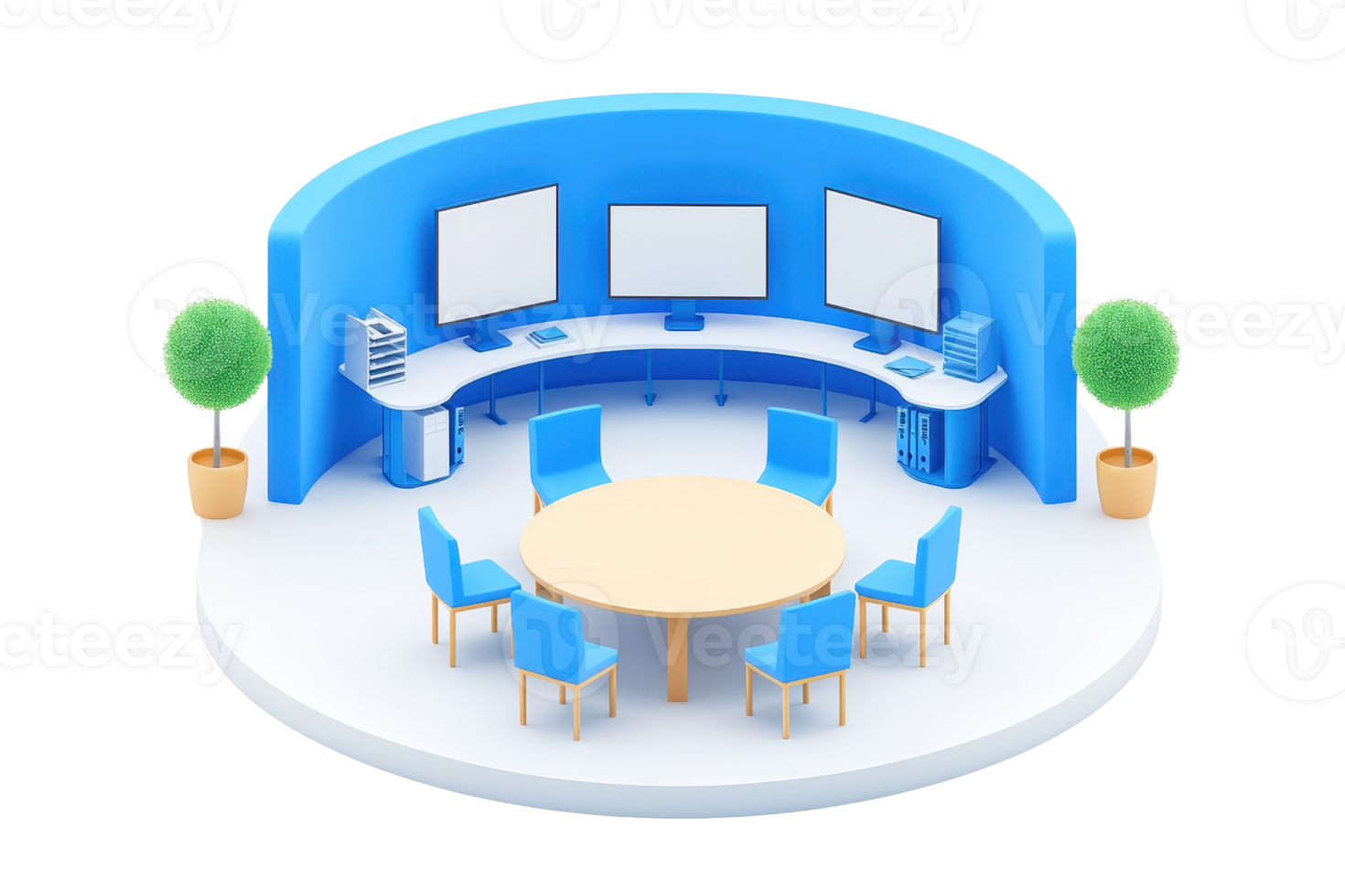 A modern meeting room featuring a circular table, blue chairs, and monitors, designed for collaborative discussions. png