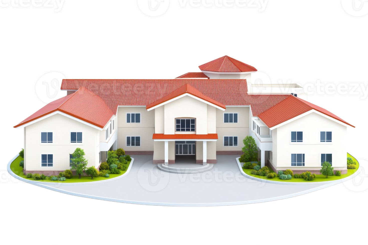 A modern residential building featuring multiple levels, a central entrance, and a combination of white walls and red roofs. png