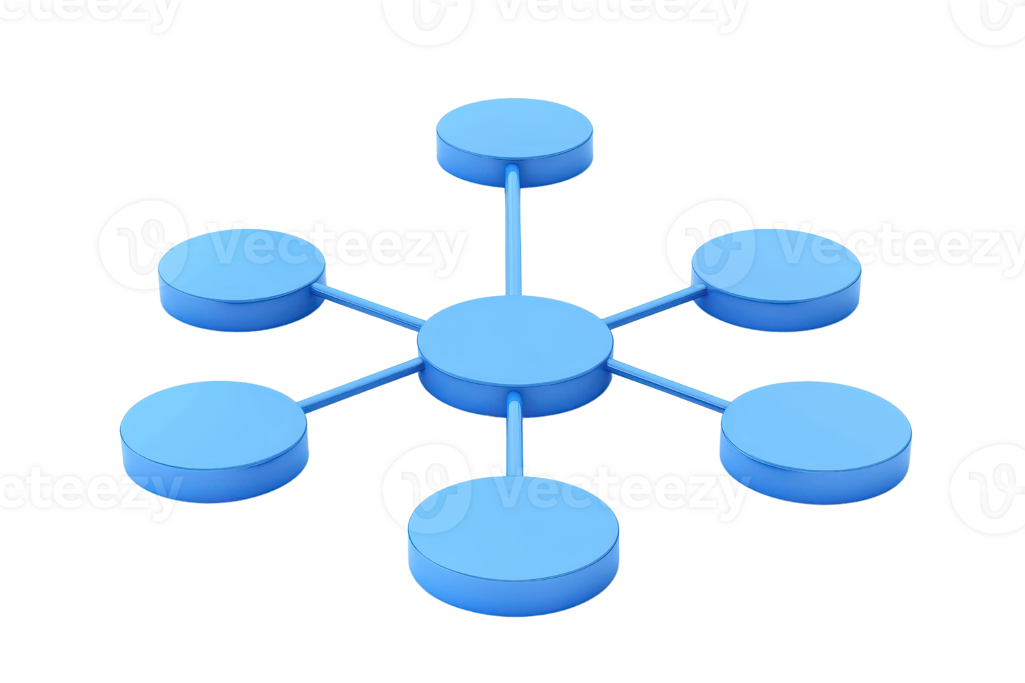 A blue, circular network diagram featuring a central node connected to six surrounding nodes by straight lines. png