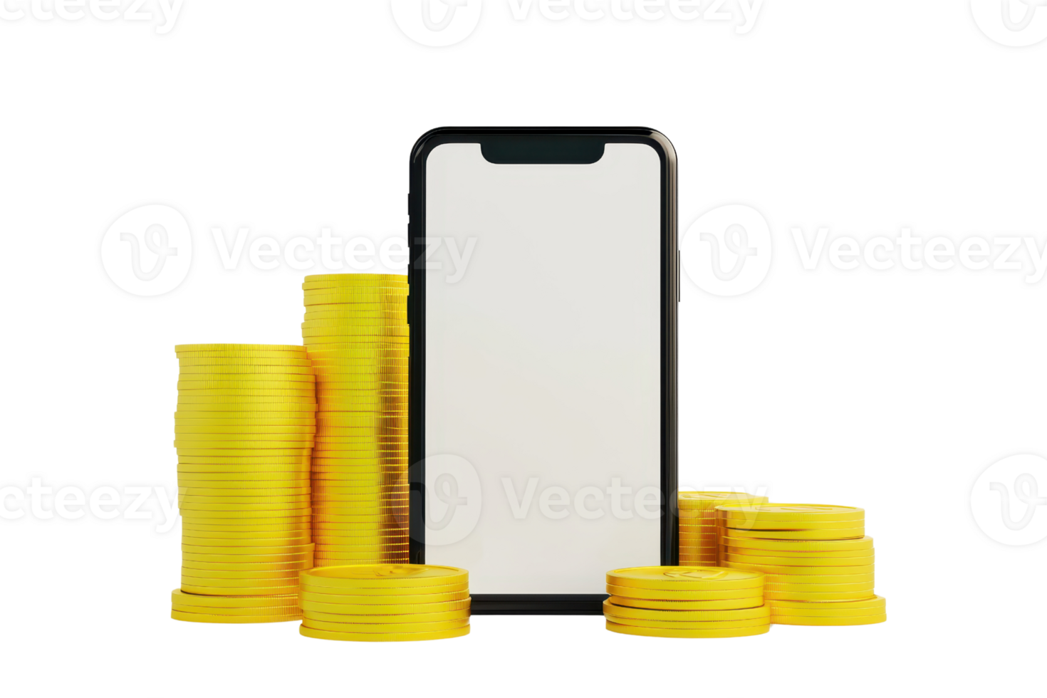 A smartphone is displayed among stacks of gold coins, emphasizing wealth and digital finance. png