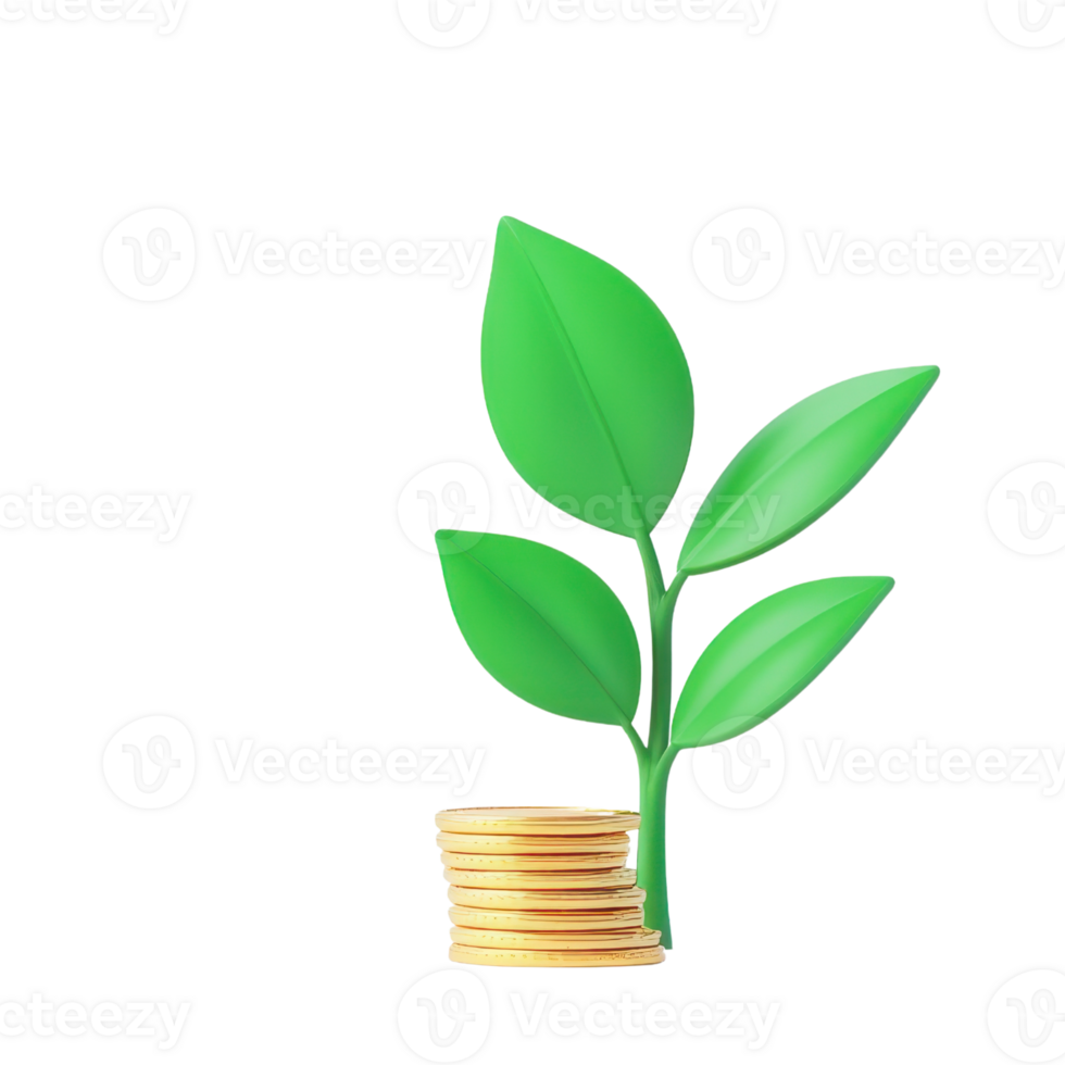 A green sprout emerges from a stack of gold coins, symbolizing growth and prosperity. png