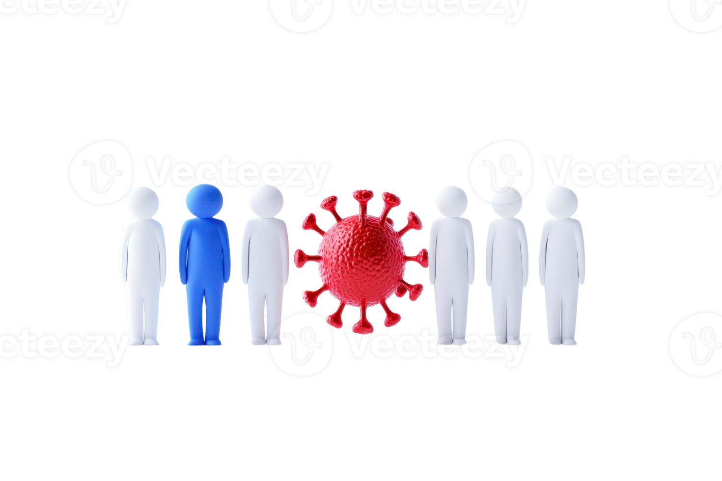 A group of figurines with one blue figure and a red virus model positioned centrally among white figures. png