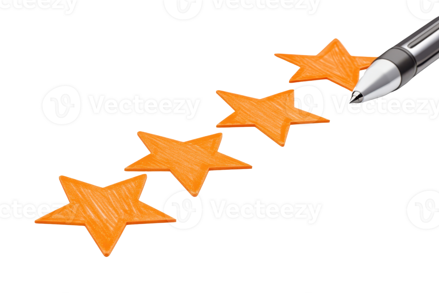 Four orange star shapes arranged in a row, with a silver pen positioned near one of the stars. png
