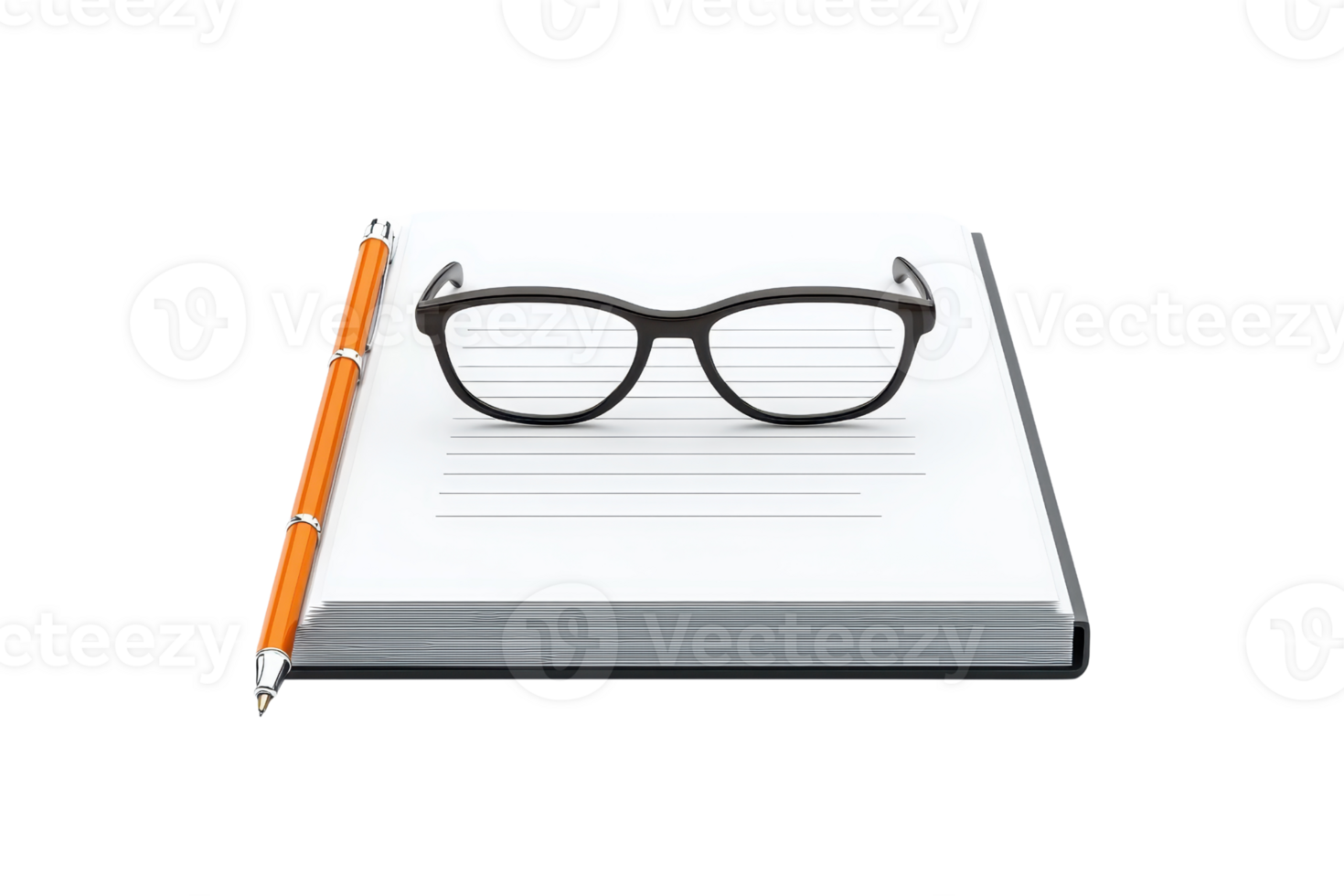 A pair of glasses rests on an open notebook with lined pages, accompanied by an orange pen. png