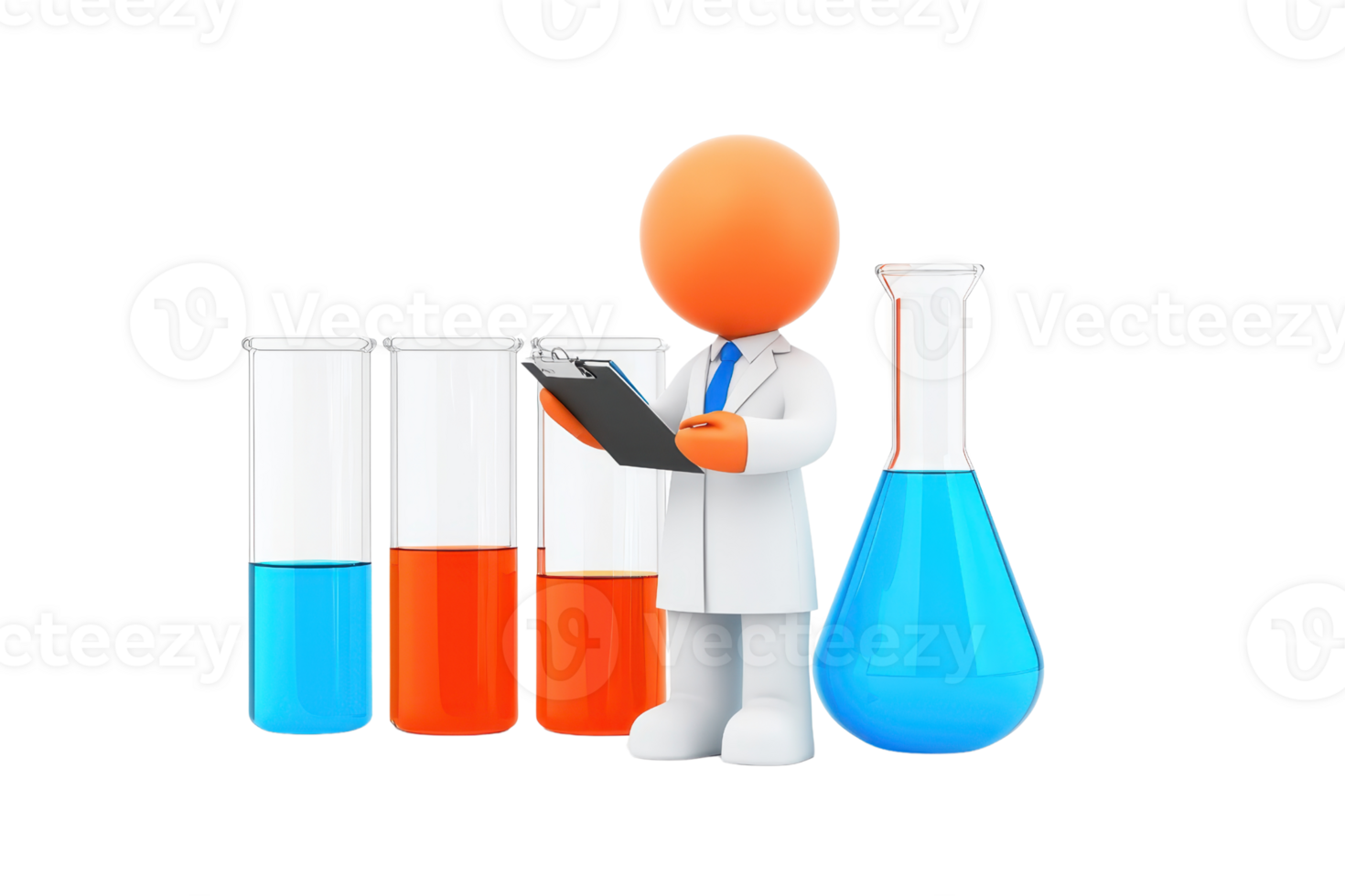 A cartoon scientist holds a clipboard next to colorful laboratory glassware filled with liquids in various shades. png