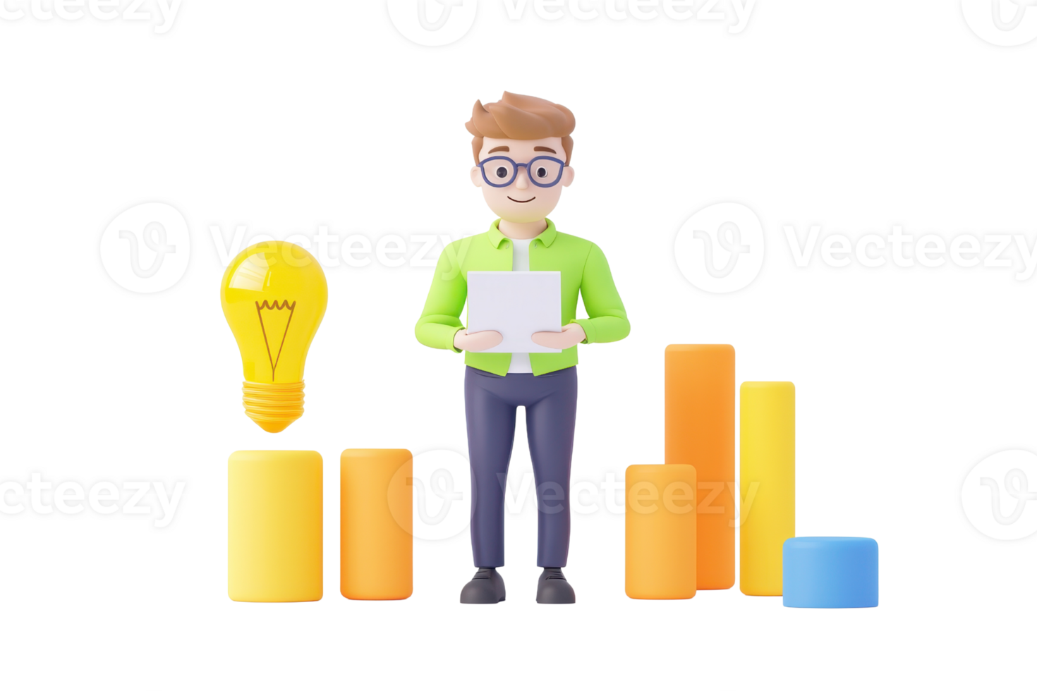 A man holds a document while standing beside colorful bar graphs and a light bulb, representing ideas and analysis. png