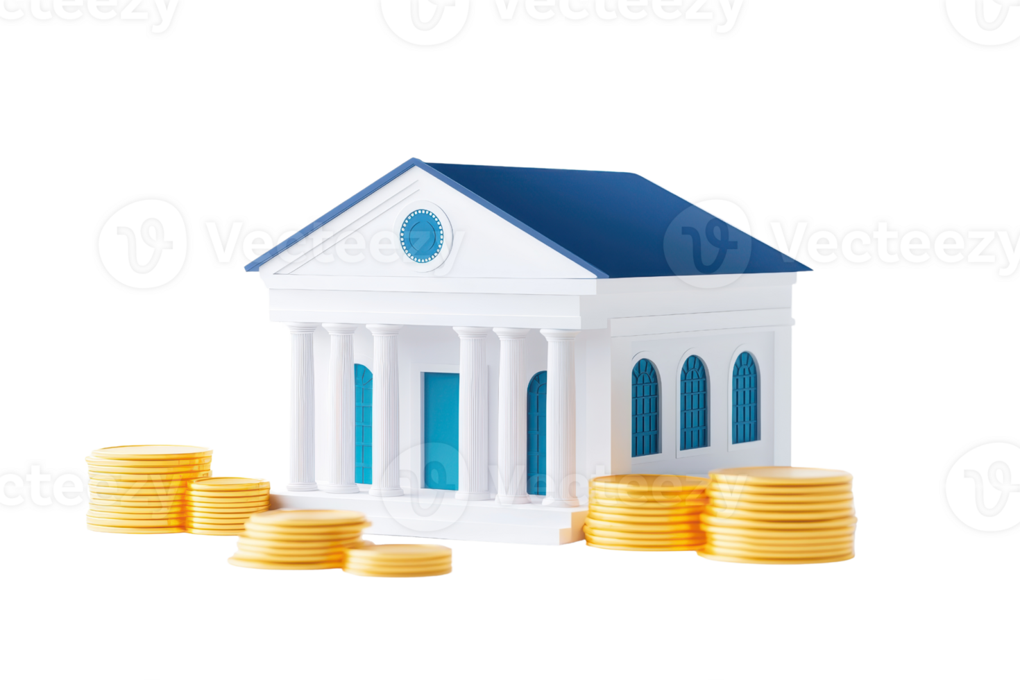 A model bank building surrounded by stacks of coins, representing finance and investment. png