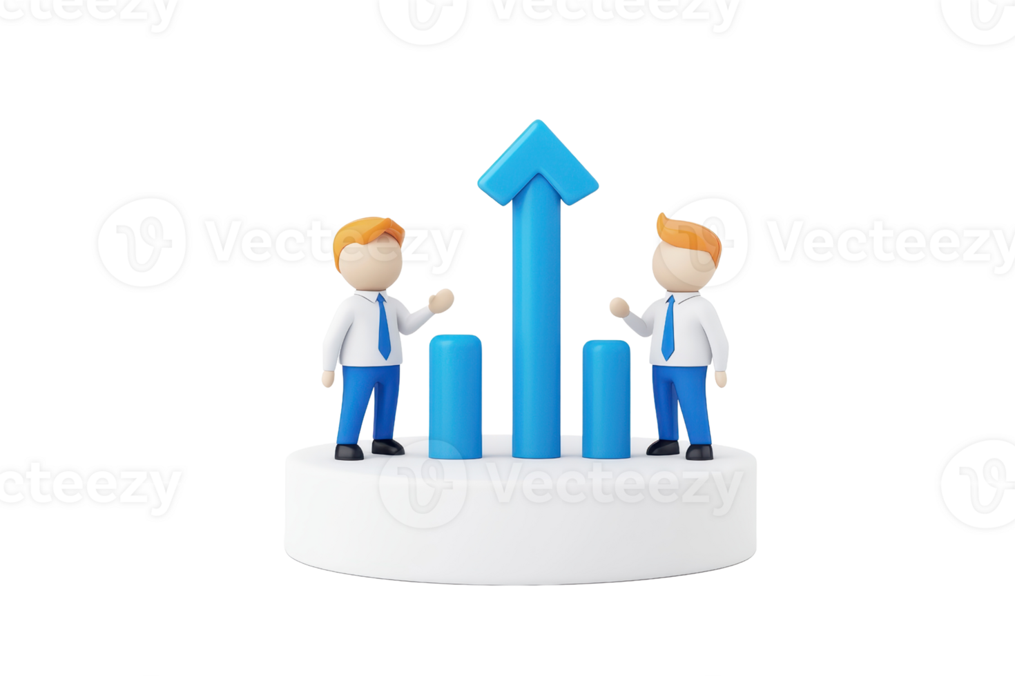 Two stylized figures in business attire stand beside a rising bar chart with an upward arrow, symbolizing growth and success. png